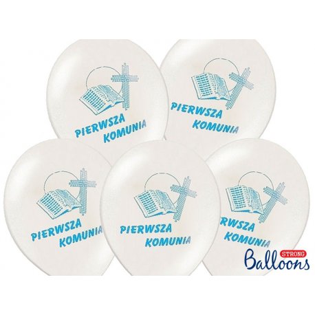 Balony na Komunie - pastelowe białe z napisem Pierwsza Komunia