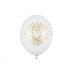 Balon biały metallic 30 cm, I Komunia Święta - IHS