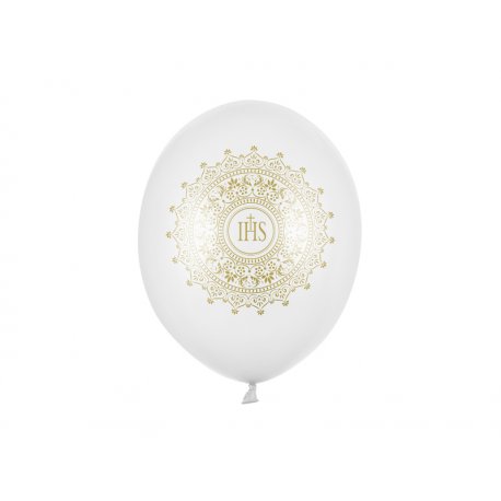 Balon biały metallic 30 cm, I Komunia Święta - IHS