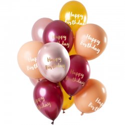 Bukiet z balonów 'Happy Birthday' Pink-Gold - 12 sztuk - 33cm