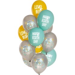 Bukiet z balonów "Happy Birthday" - Level Up (Dla Gracza) - 12 sztuk - 33 cm