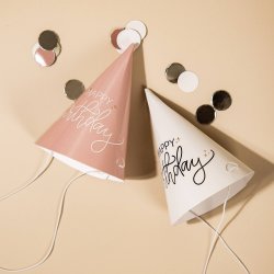 Czapeczki Papierowe "Happy Birthday" - Creme Rose - 6 sztuk