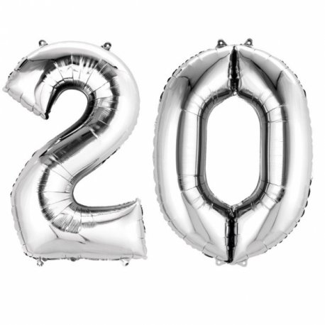 Balony cyfry 2 i 0 srebrne - dekoracje na 20-te urodziny