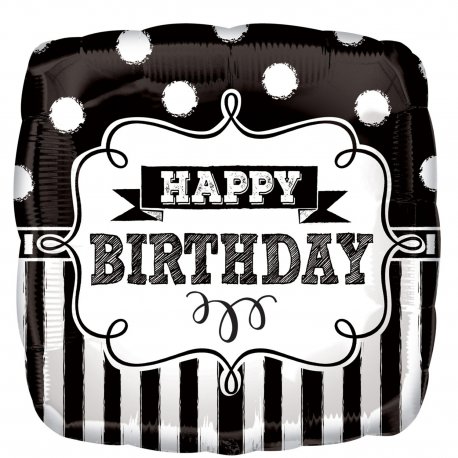Balon foliowy Kwadratowy Czarno Biały z napisem Happy Birthday