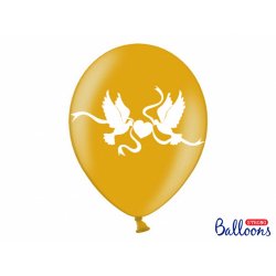 Balon lateksowy 30cm - Białe gołąbki, metalic gold