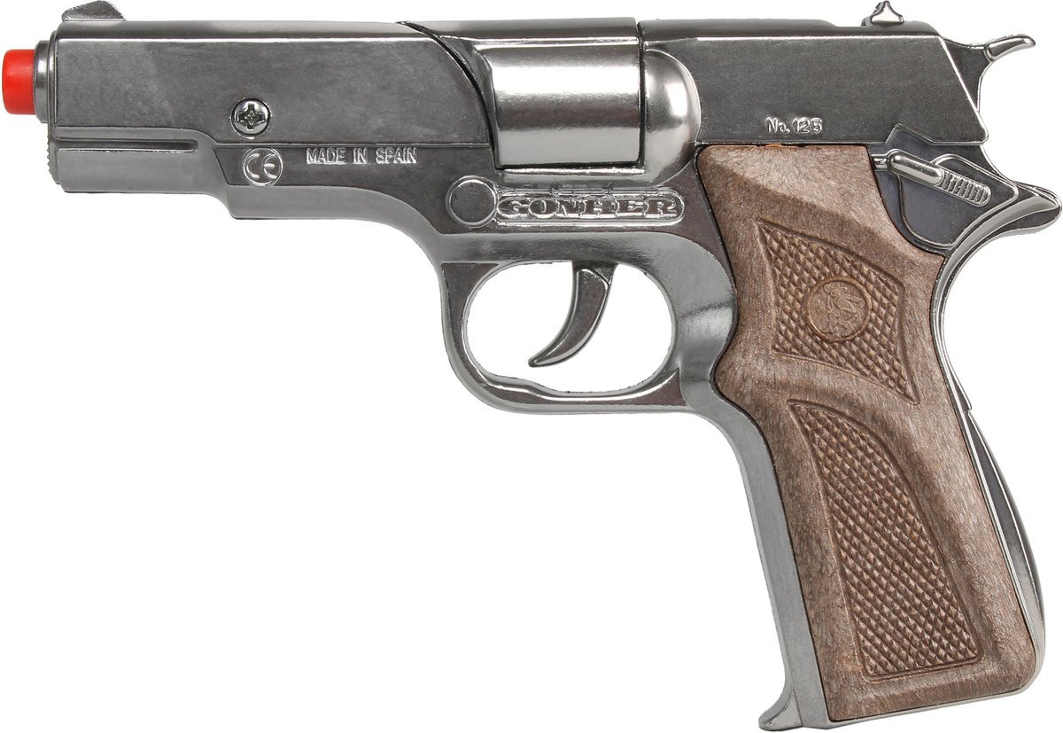Gonher 125/0 - Srebrny, metalowy pistolet na kapiszony 8 strzałowe